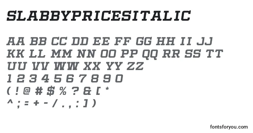 Шрифт SlabbyPricesItalic – алфавит, цифры, специальные символы