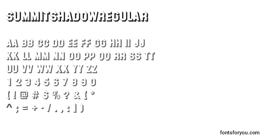 Czcionka SummitShadowRegular – alfabet, cyfry, specjalne znaki