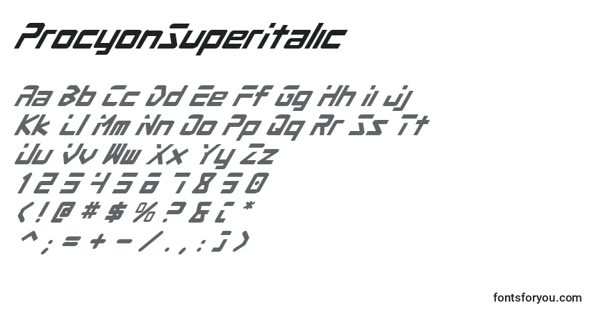 Czcionka ProcyonSuperItalic – alfabet, cyfry, specjalne znaki