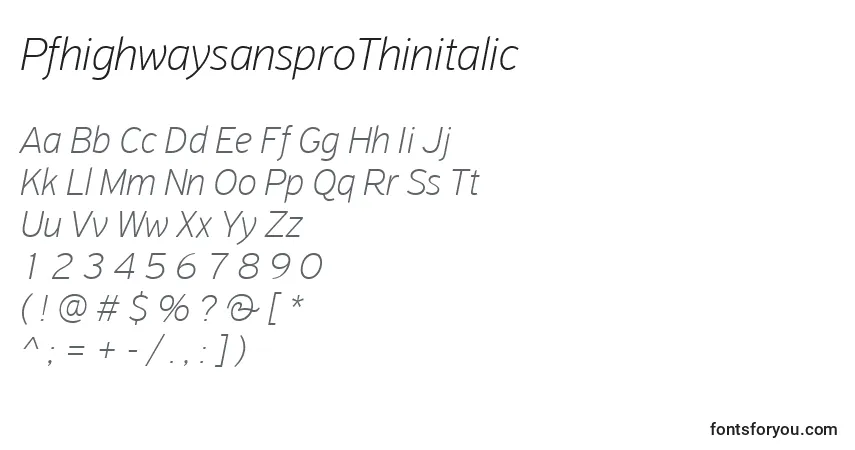 Шрифт PfhighwaysansproThinitalic – алфавит, цифры, специальные символы