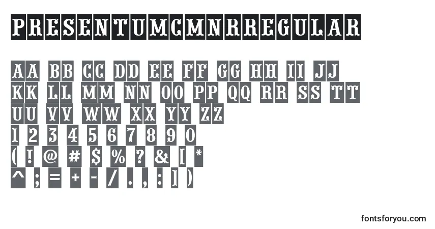 A fonte PresentumcmnrRegular – alfabeto, números, caracteres especiais