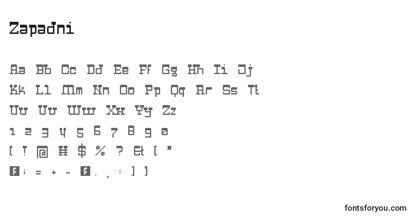 Schriftart Zapadni – Alphabet, Zahlen, spezielle Symbole