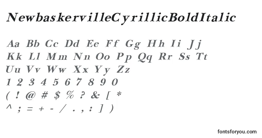Schriftart NewbaskervilleCyrillicBoldItalic – Alphabet, Zahlen, spezielle Symbole