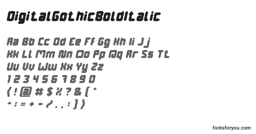 Czcionka DigitalGothicBoldItalic – alfabet, cyfry, specjalne znaki