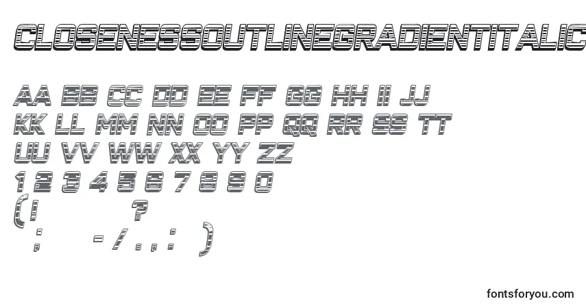 Шрифт ClosenessOutlineGradientItalic – алфавит, цифры, специальные символы