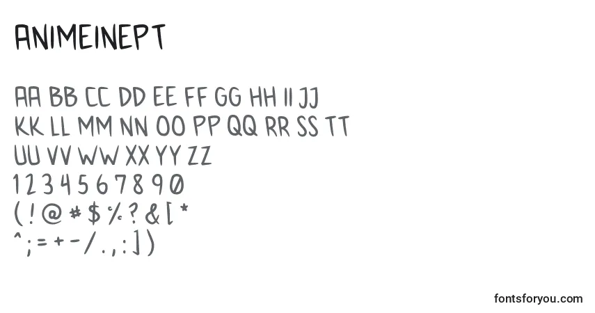 Czcionka AnimeInept – alfabet, cyfry, specjalne znaki