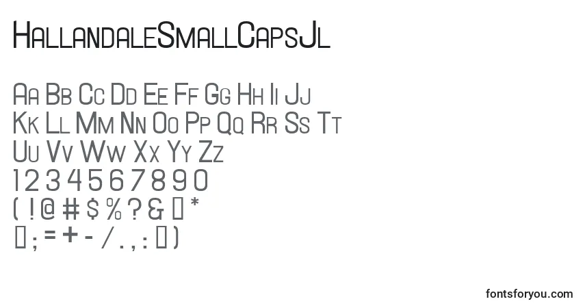 Czcionka HallandaleSmallCapsJl – alfabet, cyfry, specjalne znaki