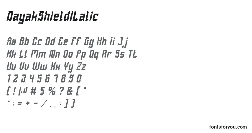 DayakShieldItalicフォント–アルファベット、数字、特殊文字