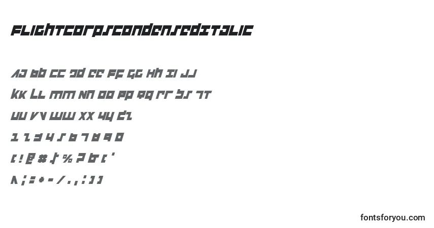 Czcionka FlightCorpsCondensedItalic – alfabet, cyfry, specjalne znaki