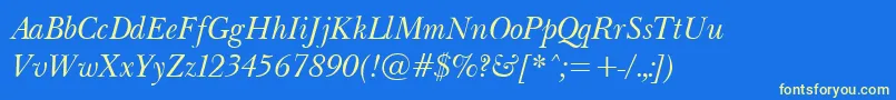 BaskervilleLightItalic-Schriftart – Gelbe Schriften auf blauem Hintergrund