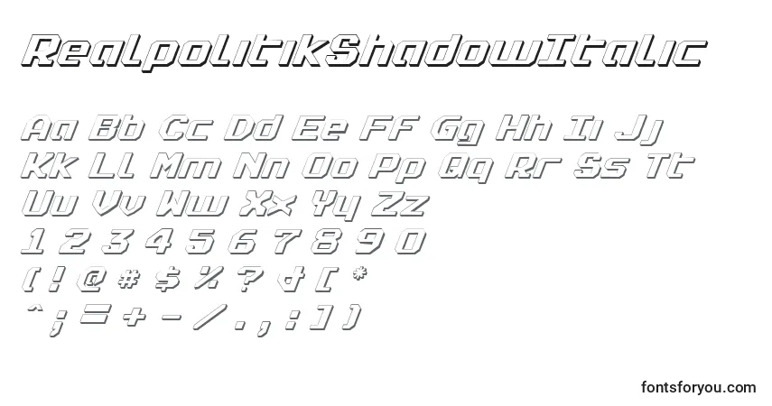 Шрифт RealpolitikShadowItalic – алфавит, цифры, специальные символы