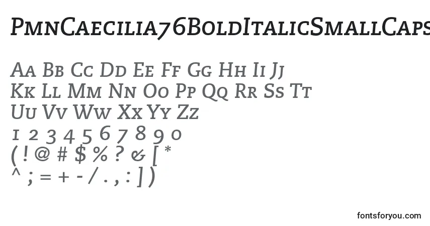 A fonte PmnCaecilia76BoldItalicSmallCapsOldstyleFigures – alfabeto, números, caracteres especiais