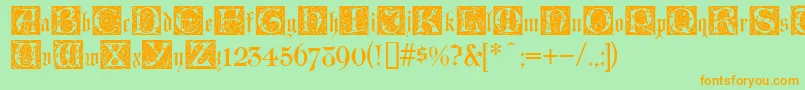 フォントLombardinaInitialTwo – オレンジの文字が緑の背景にあります。