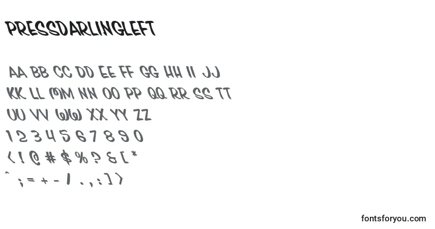 A fonte Pressdarlingleft – alfabeto, números, caracteres especiais