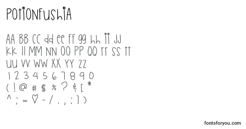 Czcionka Potionfushia – alfabet, cyfry, specjalne znaki