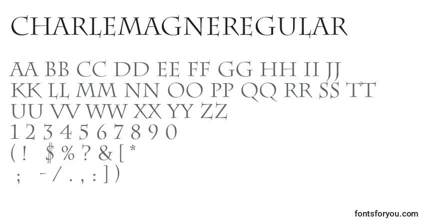 A fonte CharlemagneRegular – alfabeto, números, caracteres especiais