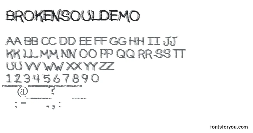 Czcionka BrokenSoulDemo – alfabet, cyfry, specjalne znaki