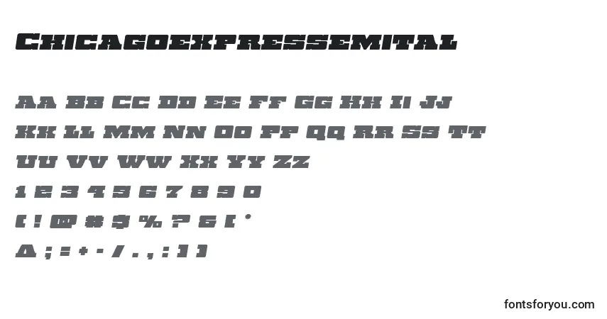 Czcionka Chicagoexpressemital – alfabet, cyfry, specjalne znaki