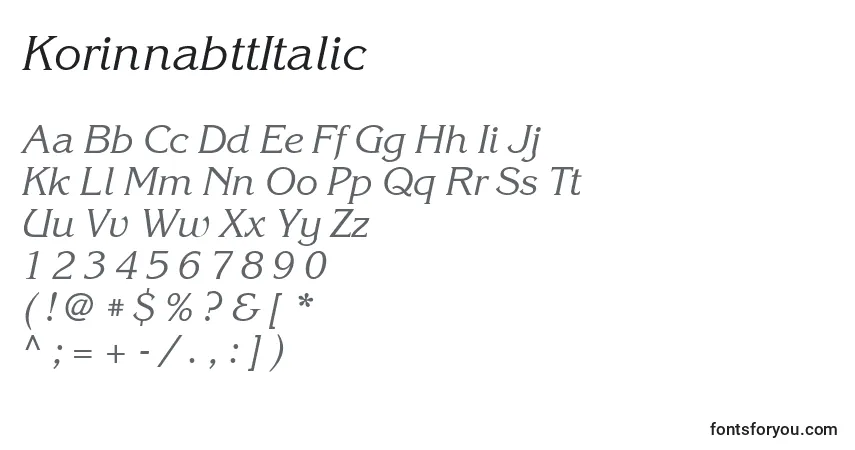 Schriftart KorinnabttItalic – Alphabet, Zahlen, spezielle Symbole
