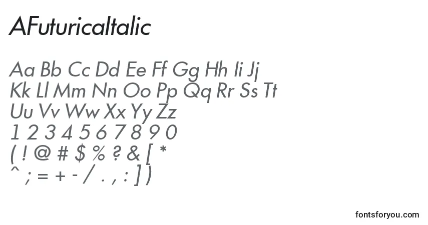 Czcionka AFuturicaItalic – alfabet, cyfry, specjalne znaki