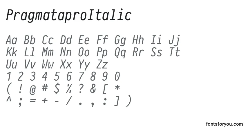 A fonte PragmataproItalic – alfabeto, números, caracteres especiais