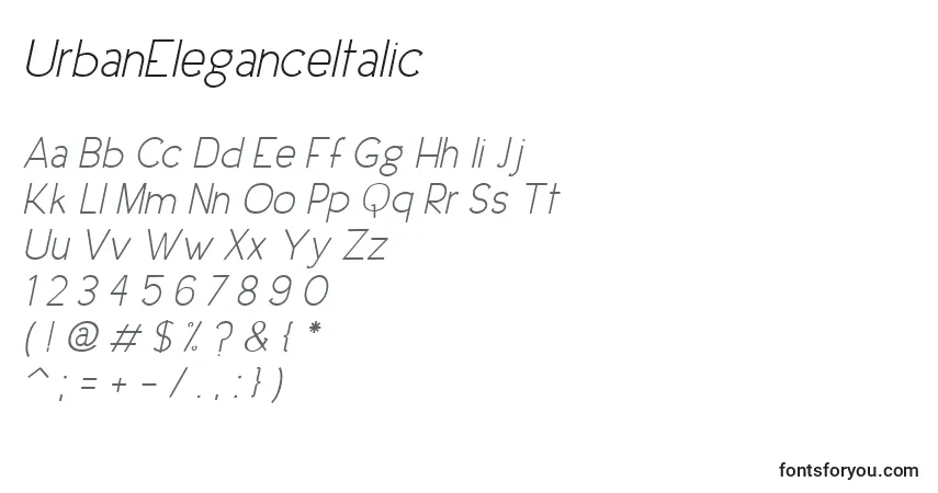 Schriftart UrbanEleganceItalic – Alphabet, Zahlen, spezielle Symbole
