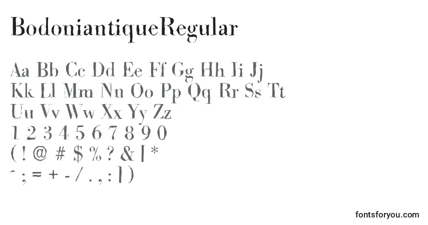 Schriftart BodoniantiqueRegular – Alphabet, Zahlen, spezielle Symbole