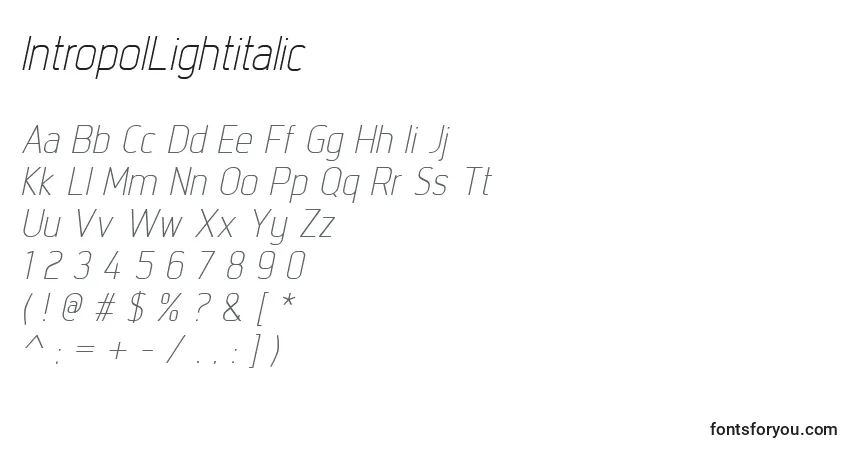 IntropolLightitalicフォント–アルファベット、数字、特殊文字
