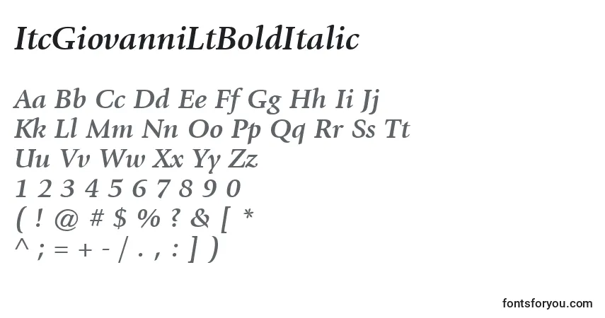 A fonte ItcGiovanniLtBoldItalic – alfabeto, números, caracteres especiais