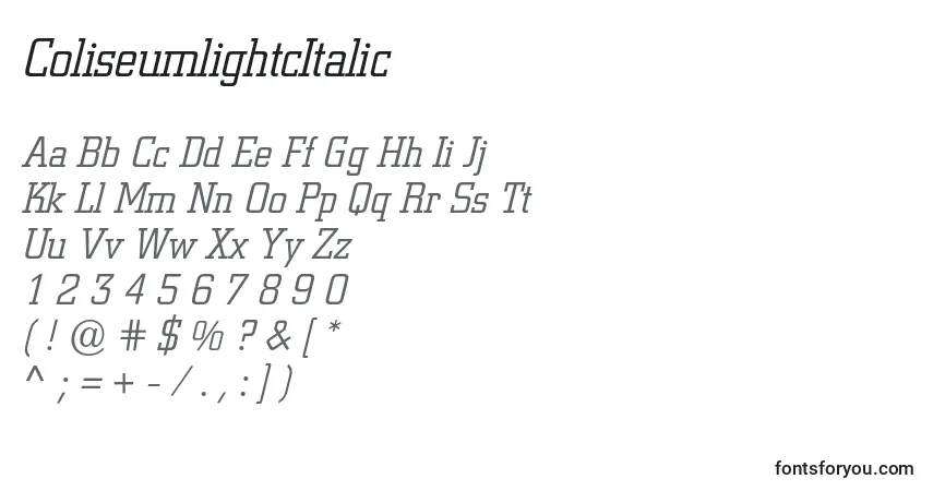Шрифт ColiseumlightcItalic – алфавит, цифры, специальные символы