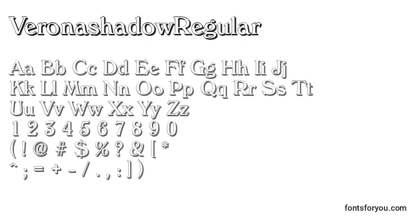 A fonte VeronashadowRegular – alfabeto, números, caracteres especiais