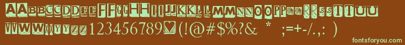 フォントDzrInscription – 緑色の文字が茶色の背景にあります。