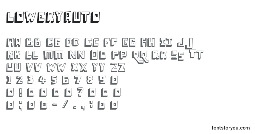 Schriftart Loweryauto – Alphabet, Zahlen, spezielle Symbole