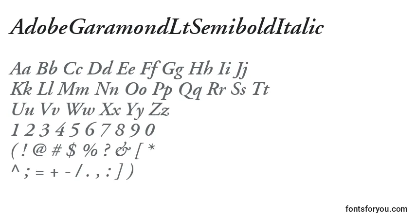 Schriftart AdobeGaramondLtSemiboldItalic – Alphabet, Zahlen, spezielle Symbole