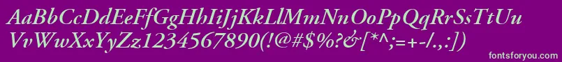 Fonte AdobeGaramondLtSemiboldItalic – fontes verdes em um fundo violeta