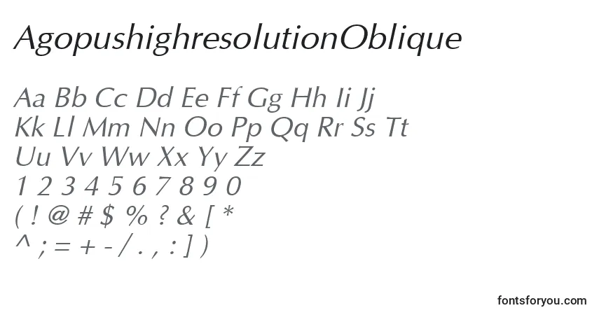Schriftart AgopushighresolutionOblique – Alphabet, Zahlen, spezielle Symbole