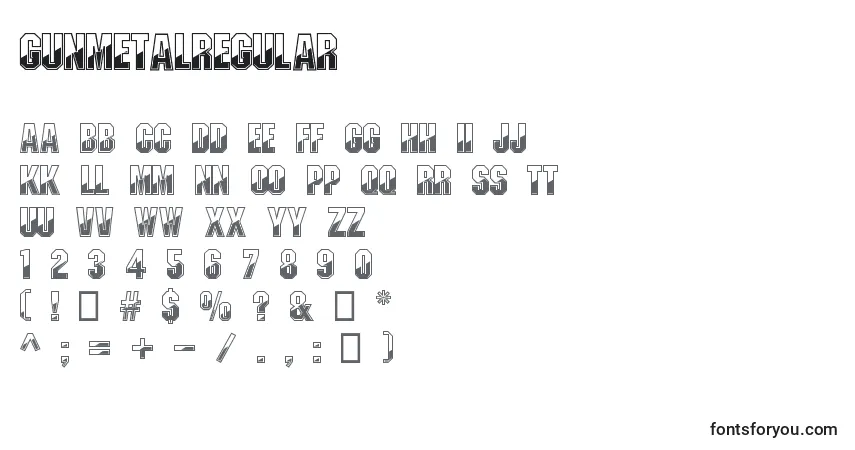 A fonte GunmetalRegular – alfabeto, números, caracteres especiais