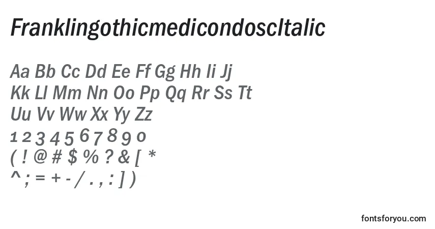 A fonte FranklingothicmedicondoscItalic – alfabeto, números, caracteres especiais