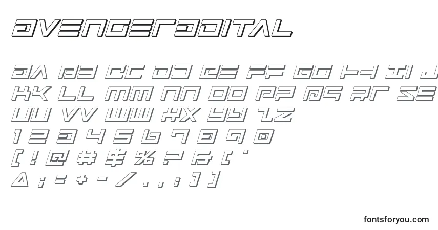 Czcionka Avenger3Dital – alfabet, cyfry, specjalne znaki