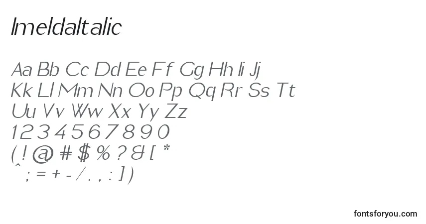 Czcionka ImeldaItalic – alfabet, cyfry, specjalne znaki