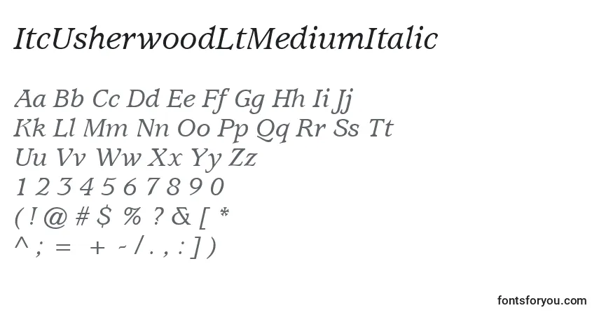 Czcionka ItcUsherwoodLtMediumItalic – alfabet, cyfry, specjalne znaki
