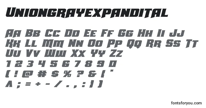 Czcionka Uniongrayexpandital – alfabet, cyfry, specjalne znaki