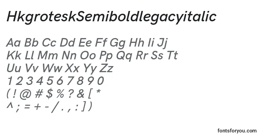 Schriftart HkgroteskSemiboldlegacyitalic – Alphabet, Zahlen, spezielle Symbole