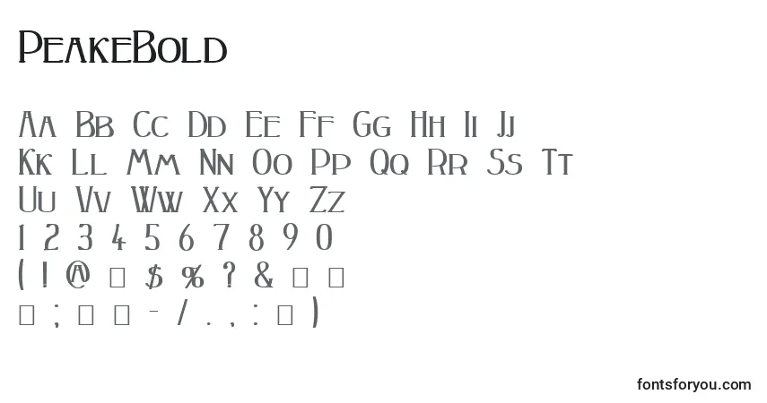 A fonte PeakeBold – alfabeto, números, caracteres especiais