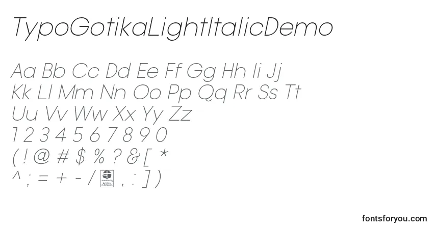 A fonte TypoGotikaLightItalicDemo – alfabeto, números, caracteres especiais
