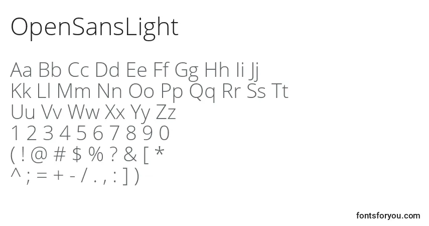 A fonte OpenSansLight – alfabeto, números, caracteres especiais
