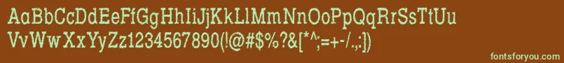 フォントRowdyTypemachine5CondensedRegular – 緑色の文字が茶色の背景にあります。