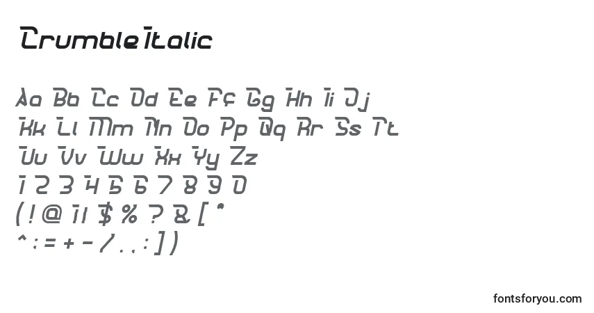 Czcionka CrumbleItalic – alfabet, cyfry, specjalne znaki