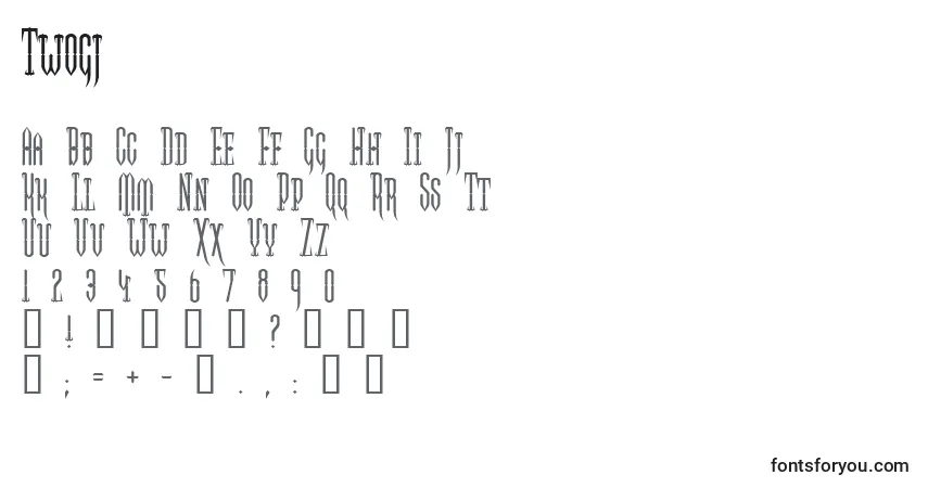 A fonte Twogj – alfabeto, números, caracteres especiais