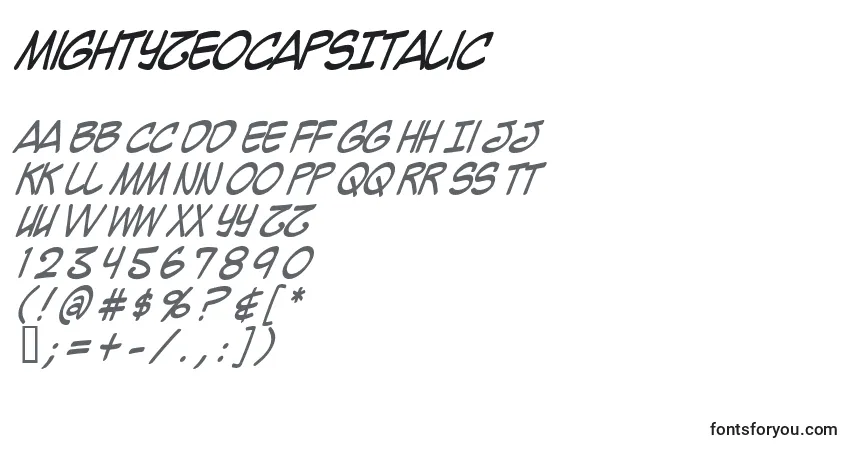 A fonte MightyZeoCapsItalic – alfabeto, números, caracteres especiais